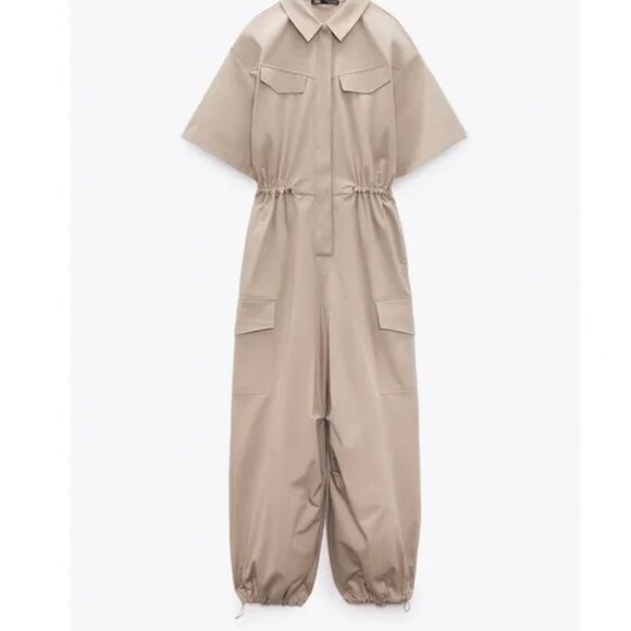 NWT ZARA FULL LENGTH Poplin GABARDINE JUMPSUIT Beige  Cargo Pocket Blogger Fave - Picture 9 of 14